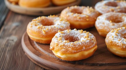 A simple oak table displays fresh golden seed donuts with creamy frosting