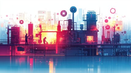 illustration of a futuristic industrial cityscape, featuring glowing technological structures and workers in silhouette, symbolizing the fusion of human labor and advanced technology.
