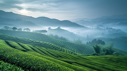 Fototapeta premium Serene tea landscape. Nature's harmony in sunlight and mist