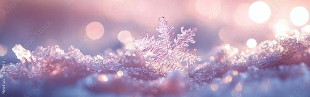 Poster a delicate snowflake resting on soft snow under warm glowing lights during a tranquil winter evening
