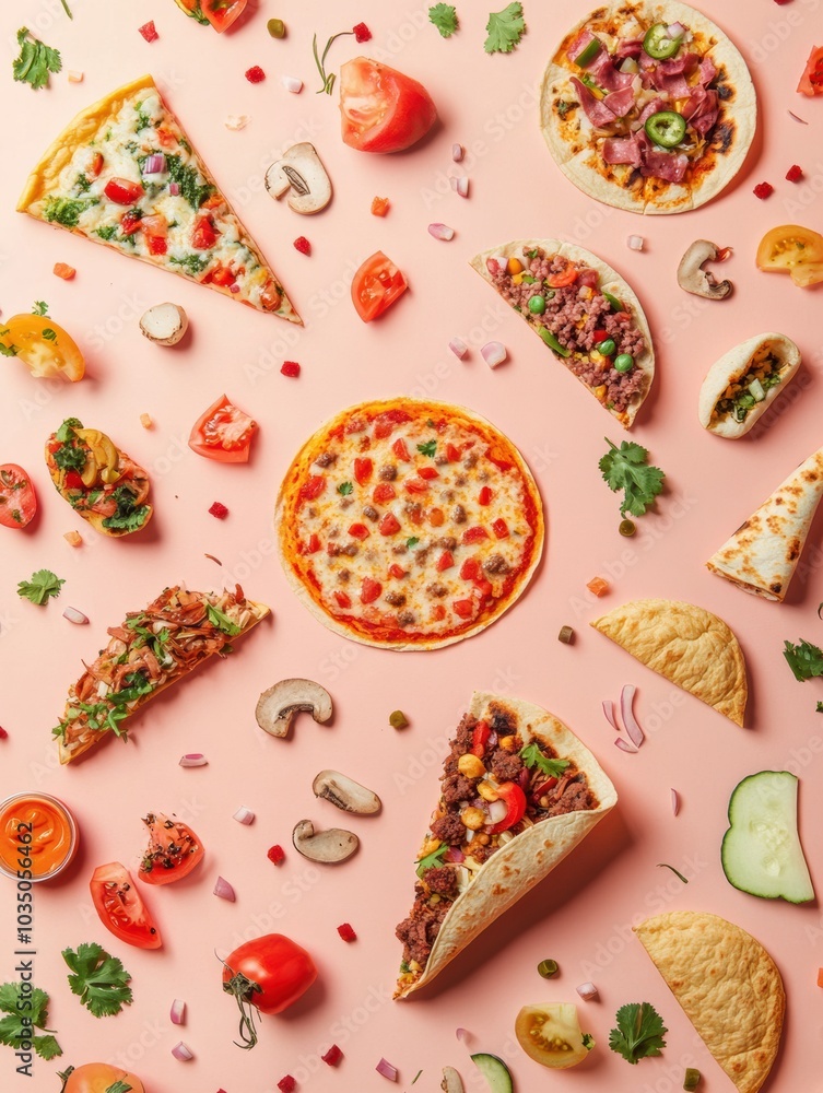 Poster A delightful spread featuring various tacos and pizza, thoughtfully organized in geometric patterns against a playful pink backdrop. Generative AI