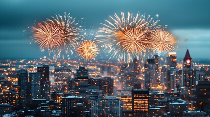 Winter city skyline illuminated by vibrant fireworks, celebrating the arrival of the new year, creating a festive atmosphere in the cold night.