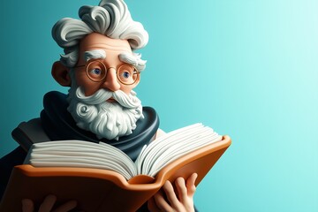 Elderly character reading book against blue background cartoon style
