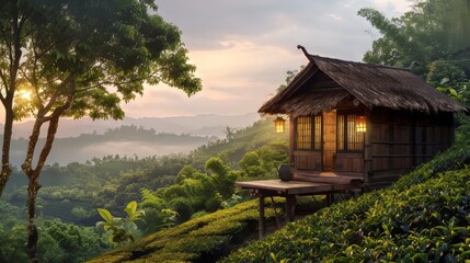 Serene tea landscape. Nature's harmony in sunlight and mist