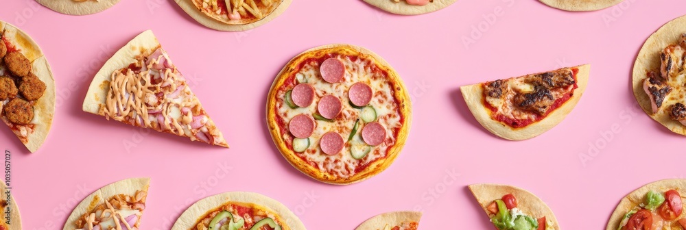 Poster Variety of street food including tacos and pizza arranged in geometric patterns on a colorful background for visual appeal. Generative AI