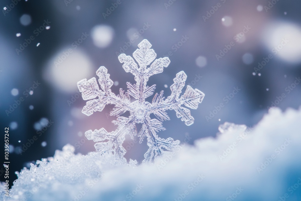 Poster a close-up view of a delicate snowflake resting on a soft blanket of snow in a serene winter landsca