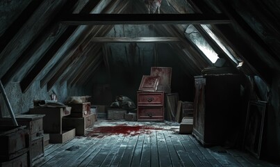 Bloodstained attic with wooden beams and furniture.