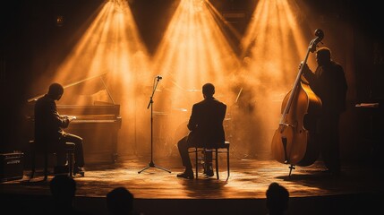 A trio of musicians are performing on stage with a piano, a bass, and a cello