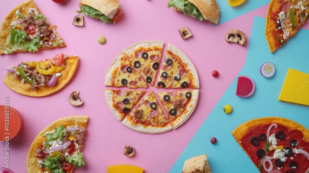 Aufkleber A delightful array of tacos and pizza is artistically arranged on a colorful background, showcasing enticing street food culture. Generative AI