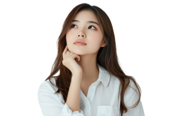 Beauty young asian woman in casual shirt standing pensive thinking about special offer, touching chin, tilting head up