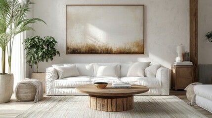 Living room with white sofa wooden table neutral decor large painting and potted plant serene setup