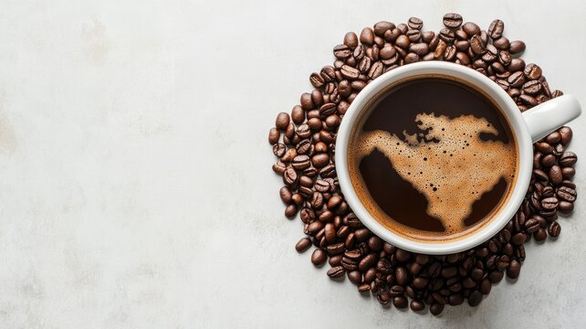 Coffee cup surrounded by beans with world map in foam