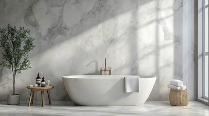 Bathroom interior with marble panels bathtub towels and accessories contemporary style design