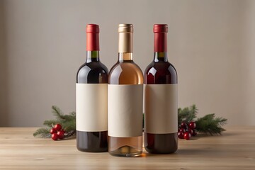 Obraz premium Three wine bottles with blank labels placed on a wooden surface, adorned with minimal holiday decor featuring pine branches and red berries. Ideal for branding, holiday wine promotions, and product sh