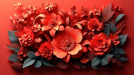 A vibrant arrangement of red flowers and foliage in a decorative style.