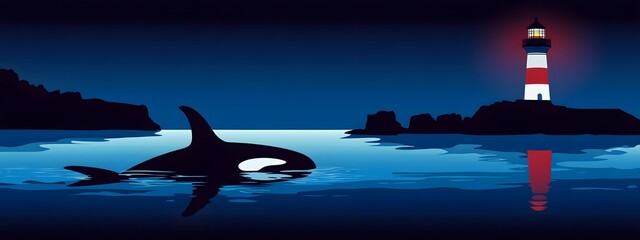 A simple, flat cartoon vector illustration depicting the silhouette of an orca under the beam of a lighthouse