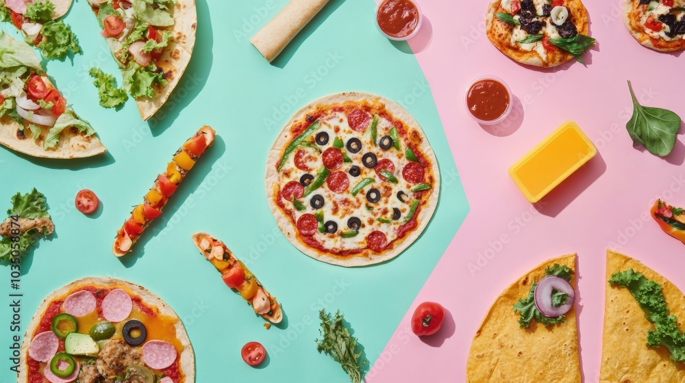 Poster various street food items like tacos and pizzas are arranged in a geometric layout on bright teal an