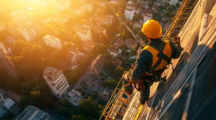 A skilled window cleaner dangles from a tall building. The sun sets behind the city skyline creating a warm glow. This dynamic image captures urban life. Generative AI