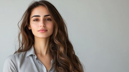 Obraz premium Confident Middle Eastern woman in her 20s with long hair in a professional attire, exuding poise and elegance against a neutral background.