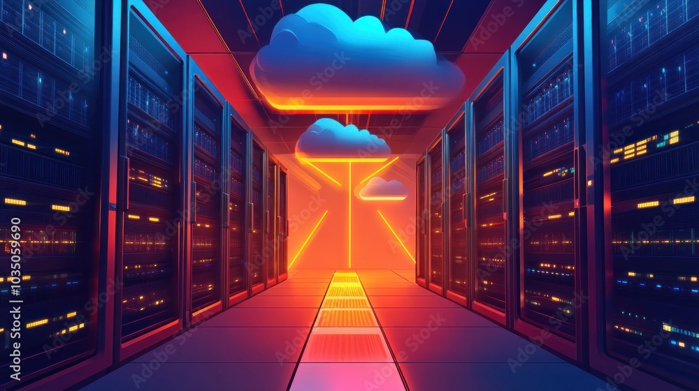 Poster server room with cloud computing concept