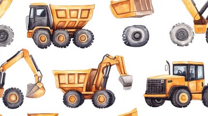 Construction Vehicles Watercolor Pattern