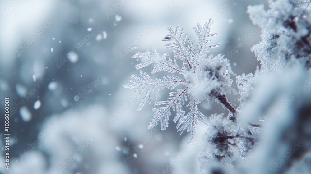 Poster delicate snowflake resting on a frosty branch while gentle snow falls in a winter landscape. with co