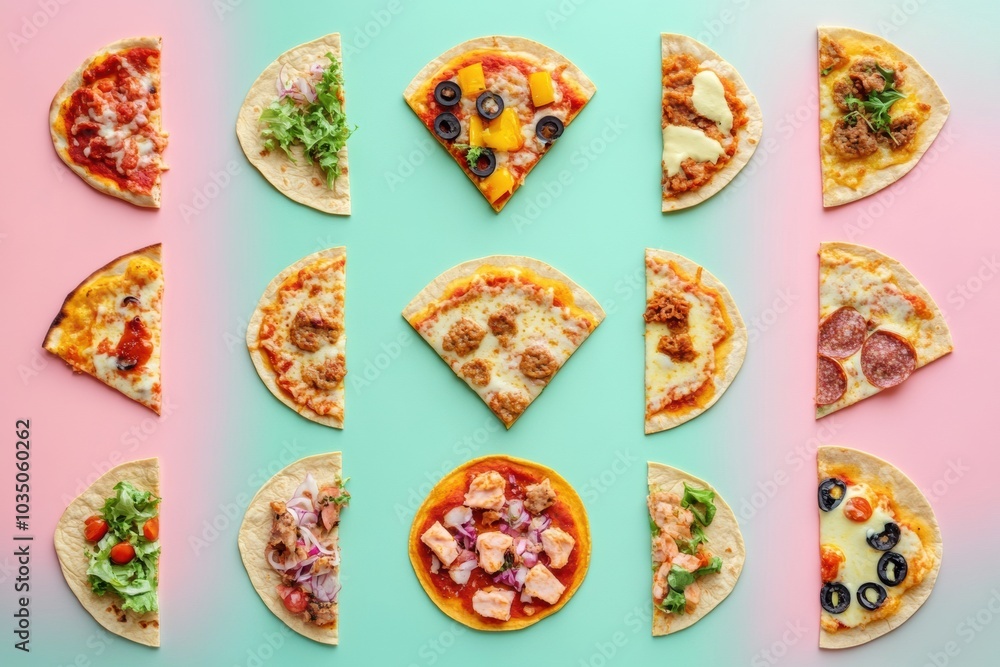 Poster tacos and pizza slices are artistically arranged in geometric patterns on colorful surfaces, showcas