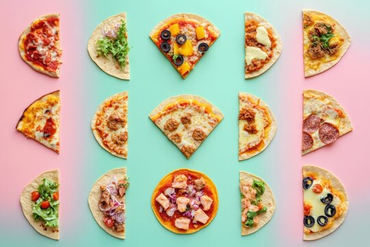 Tacos and pizza slices are artistically arranged in geometric patterns on colorful surfaces, showcasing a variety of flavors. Generative AI