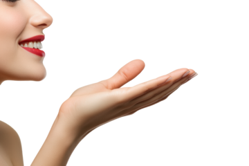 PNG image of Close-up photo of side view of woman's talking mouth with hand