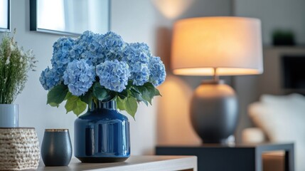 Living room vignette with blue lamp flowers minimal shelf decor modern stylish interior scene