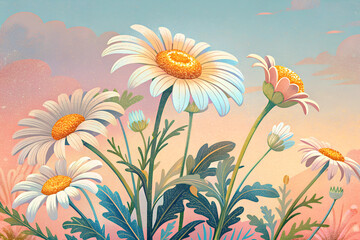 Vibrant Illustration of Daisies Against a Sunny Pastel Sky