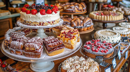 Delicious cakes and pastries displayed on cake stands
