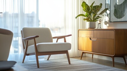 Scandinavian style living room with armchair carpet wooden commode and elegant decor home setup