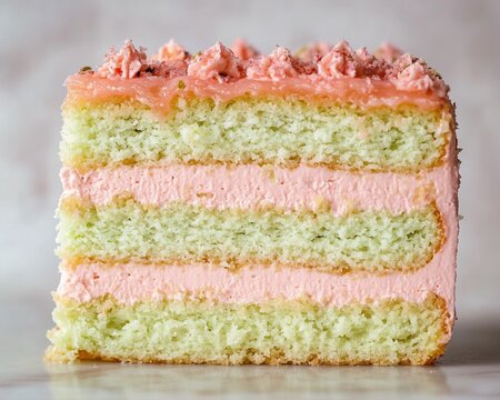 an extreme close-up, parallel horizontal front view, surface of a sliced pistachio rose cake, filling the entire frame with its intricate layers
