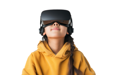 Cute Asian teenager wearing VR glasses headset