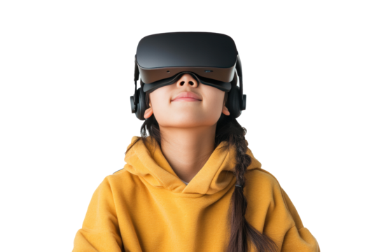 Cute Asian teenager wearing VR glasses headset