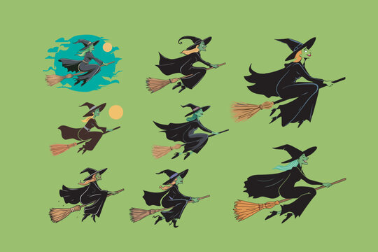 witch on a broom, a slender witch with green skin, vector illustration 