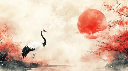 Serene Crane and Red Sun in Japanese Watercolor
