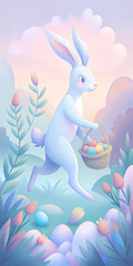 Whimsical Rabbit Carrying Easter Eggs in a Pastel Spring Landscape