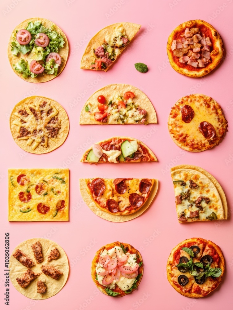 Poster colorful tacos and pizzas are artfully organized in geometric patterns, inviting viewers to explore 