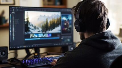 A YouTuber editing a gameplay video on their gaming PC, preparing content for their audience