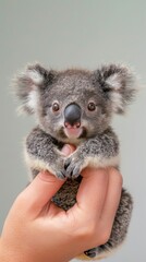 Fototapeta premium Cute Koala sits on the tip of a woman's finger