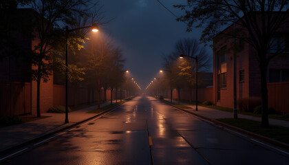 Fototapeta premium Seamless texture of streetlights and light effects illuminating a quiet urban street in soft lighting 