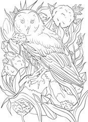 Detailed black-and-white illustration of an owl surrounded by flowers and crystals. Natural elements, exotic flowers and geometric crystal. coloring pages or decorative use