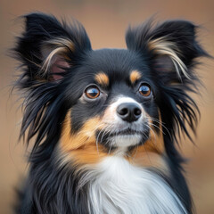 Fototapeta premium Close-up portrait of a Papillon dog with fluffy ears and expressive eyes in natural lighting