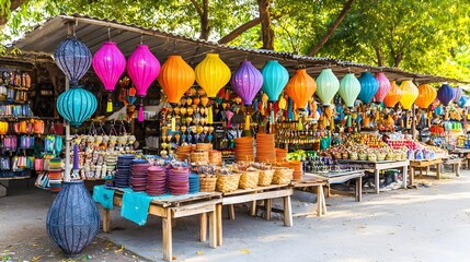 Captivating image showcasing the bustling atmosphere of a traditional Asian street market featuring an array of colorful food stalls hanging lanterns and a lively crowd of vendors and customers