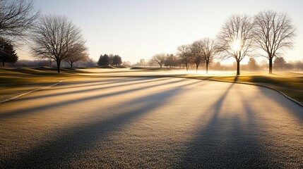 Fototapeta premium Winter dawn with frosted grass, morning mist on a peaceful golf course, golden light casting long shadows