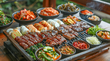 Obraz premium Korean barbecue grilling on a hot grill with side dishes