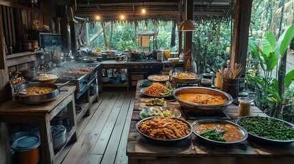 A traditional kitchen setup in a som tum restaurant, serving nam tok moo in a homely atmosphere