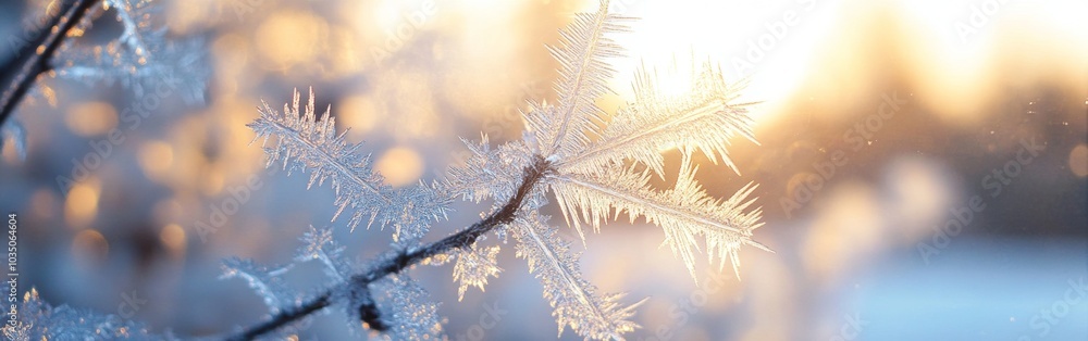 Poster frosted branches illuminated by sunrise in a tranquil winter landscape creating a serene atmosphere 